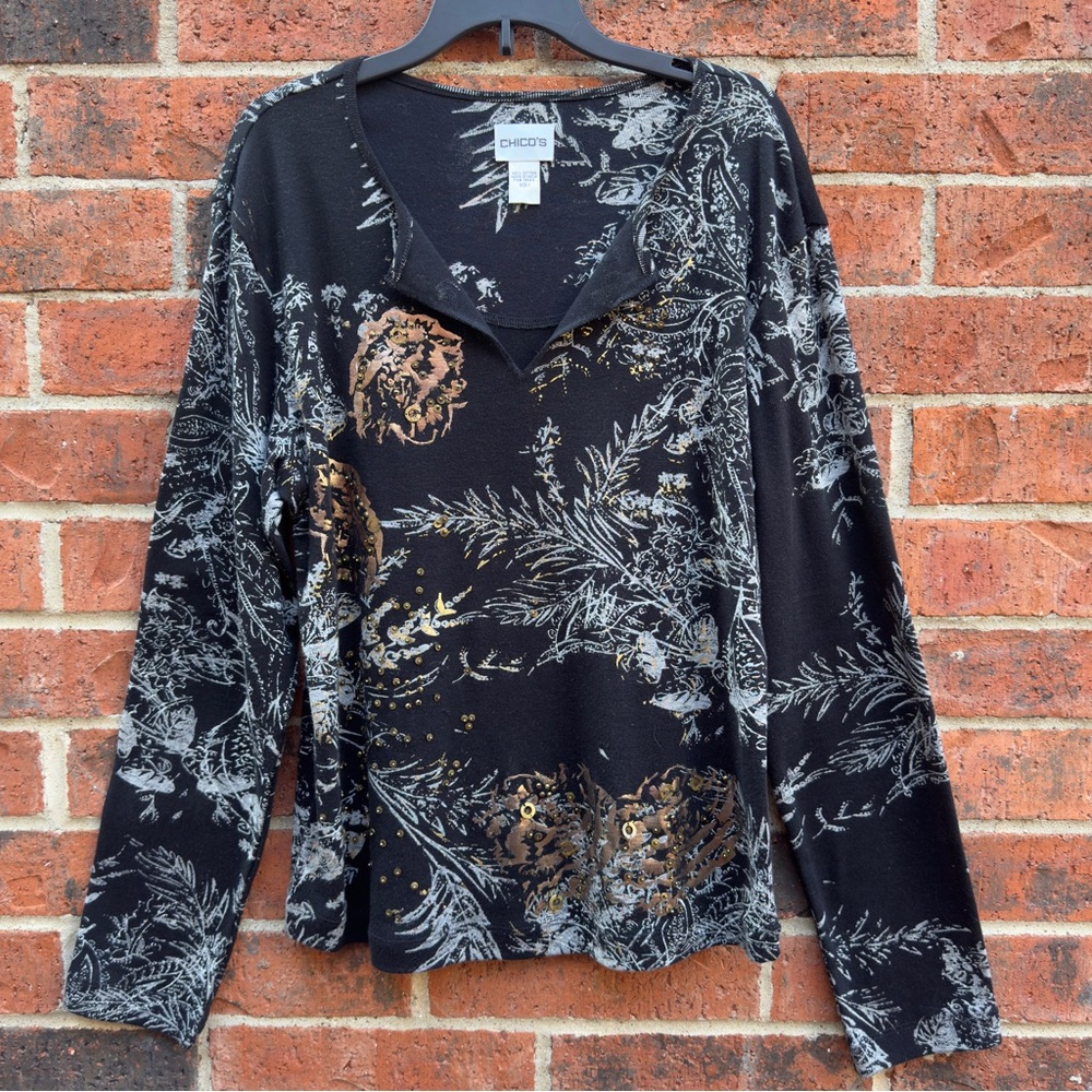 Chico's Metallic Black, Gold, Silver Floral Knit Top Size 1 (Medium)